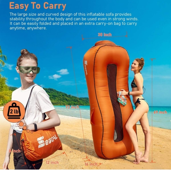 SEGOAL Ergonomic Inflatable Lounger Beach Bed Camping Chair Air Sofa Couch Hammo - Picture 2 of 4